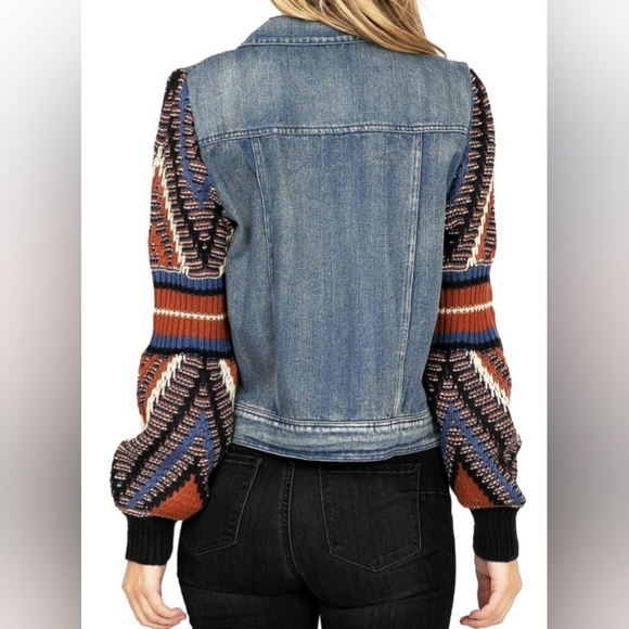 Denim Flying Tomato Sz Small Jacket with Patterned Knit Sleeves - Picture 7 of 7